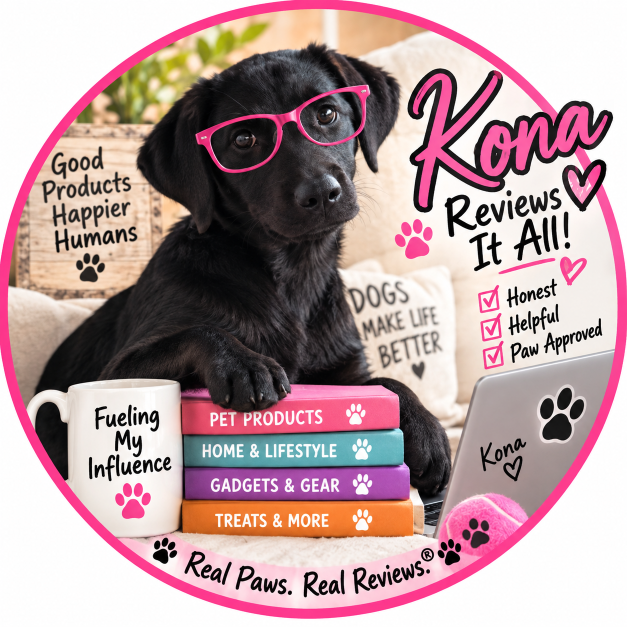 Kona, a black German Shepherd and Lab mix wearing pink glasses, surrounded by review categories